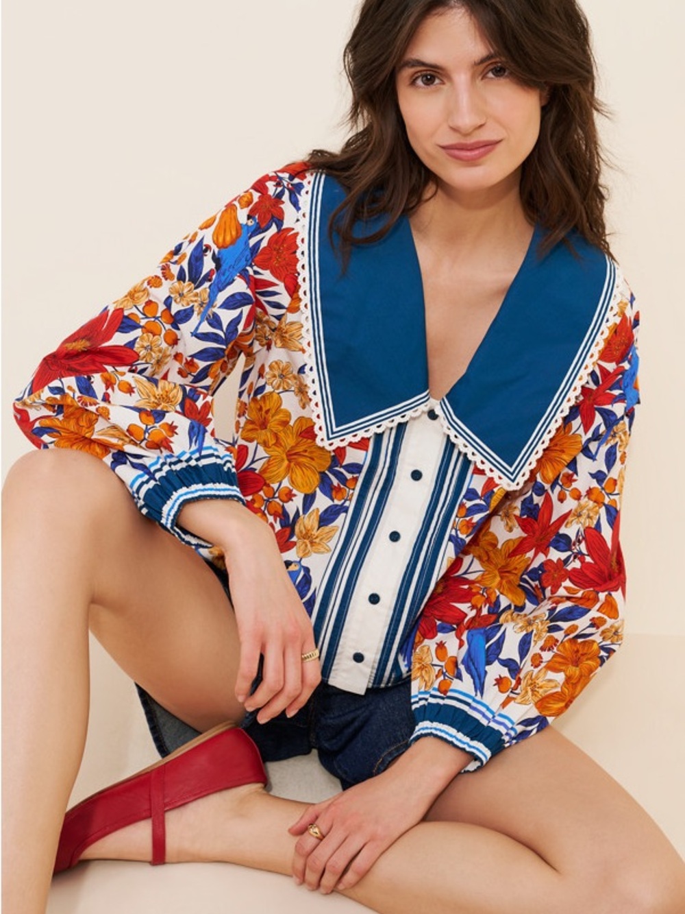 FARM Rio Floral Button-Down Top with Contrasting Blue Sailor Collar